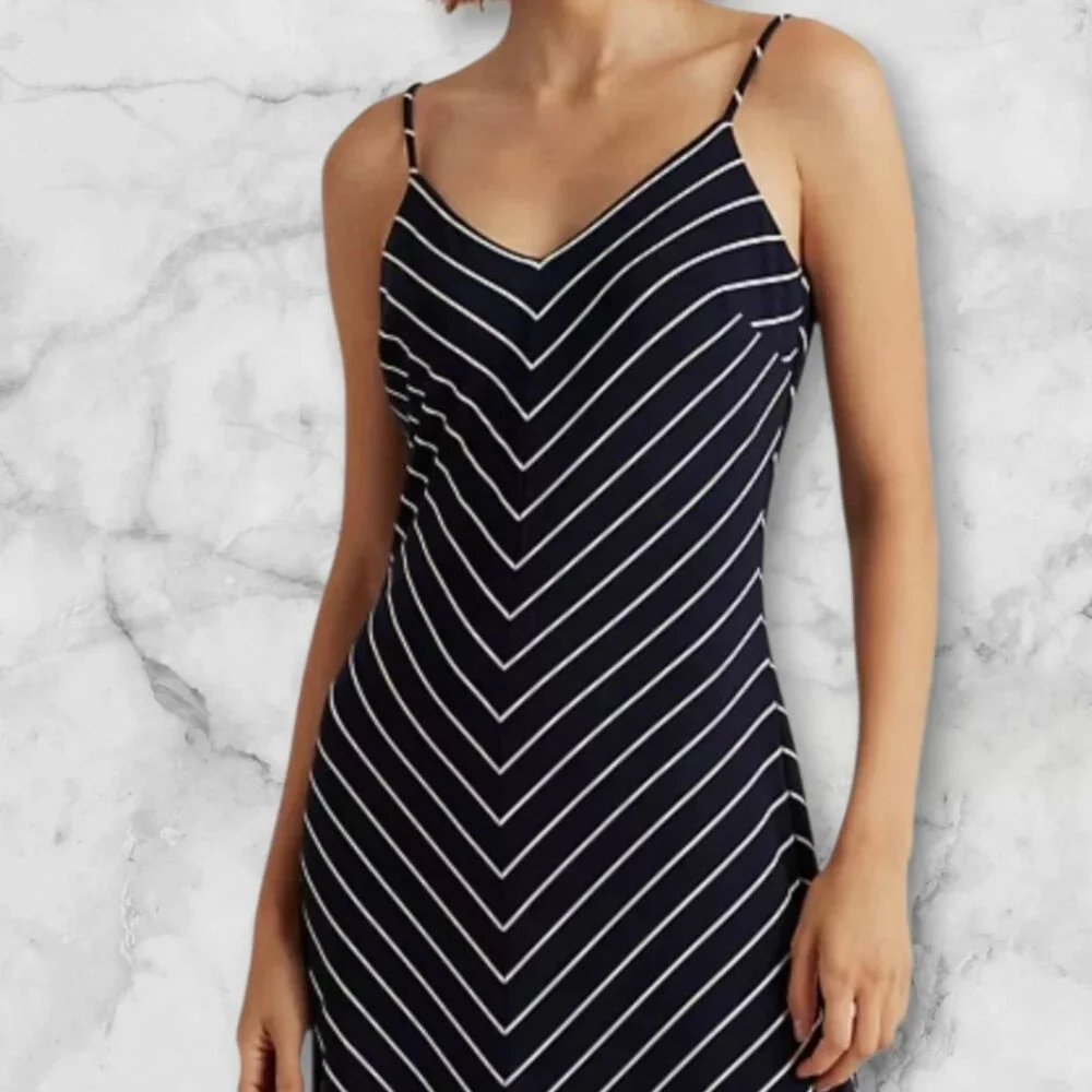 Lauren Ralph Lauren Navy/White chevron stripe maxi dress size 8 - Picture 2 of 8